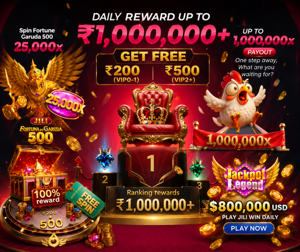 IV7 Game promotional banner showing daily rewards, free bonus offers, jackpot prizes, gold coins, and Fortune Garuda 500 gameplay rewards.
