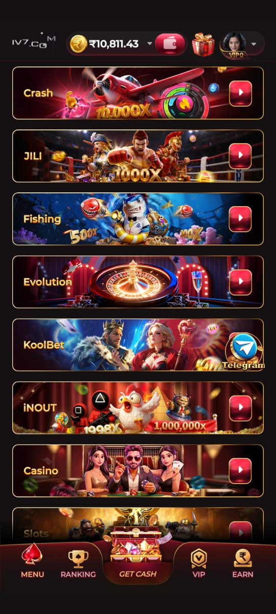 IV7 APK interface displaying Crash, JILI, Fishing, Evolution, and casino game categories